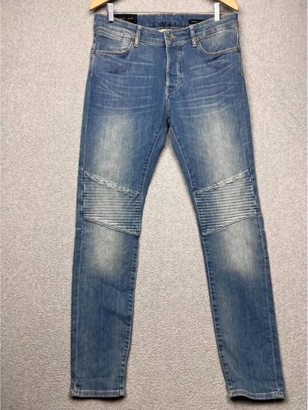 Zara Man The New Biker Skinny Jeans Blue Denim Ribbed Panel Knee Distressed 34